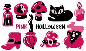 Happy pink Halloween cute vector set of drawings with cartoon cat, poison, broom, fly agaric, glass ball, candle, cauldron, shoe and witch hat. Elements in pink and black tones in a flat style Sticker