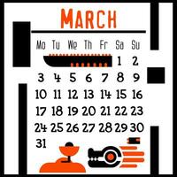 A square calendar page for March 2024 with a cute geometric dragon. Isolated on a white background. The symbol of the year of the dragon. A dragon with a snowdrop. Vector illustration. Black Orange