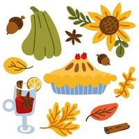A set of items for Thanksgiving. Vector set of autumn elements in a flat style. Pie, pumpkin, leaves, acorn, berry, cinnamon, mulled wine. Happy Thanksgiving. Harvest festival. Design of autumn