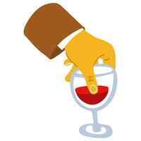 A hand holding a glass of red wine in a flat style. Bright colors of the hand with a glass. A hand with a glass in his jacket. Festive meeting with wine, drinking, clinking glasses, tasting vector