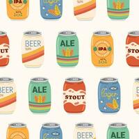 Hand drawn colorful beer in aluminum cans. Different beer types, labels. Square seamless pattern. Design elements for menu restaurant, pub. vector