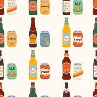 Colored hand drawn illustration of different beer types in aluminum cans and glass bottles. Square seamless pattern. Design elements for menu restaurant, pub. vector