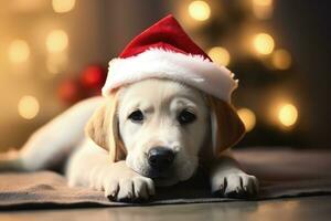 Cute dog with santa claus hat, christmas holiday concept. Generative AI photo