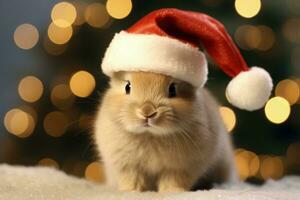 Rabbit in Santa Claus hat, Christmas holiday concept. Generative AI photo