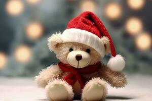 Teddy bear with Santa Claus hat, christmas holiday concept. Generative AI photo