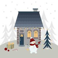 Winter house in snow with noel trees, snowman, present, decorations, candy cane and lights. Christmas vector flat illustration.