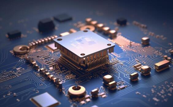 Board with chip and circuits, technology concept, digital illustration. Generative AI photo