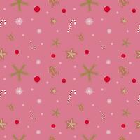 Vector Xmas seamless pattern with Christmas decorations, gingerbread man, star, snowflakes, candy cane, spruce branches.