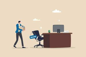 Start new job, onboarding new hire or begin career position, employee move to new office or opportunity, employment and recruitment concept, businessman starting new job walk to welcome office desk. vector