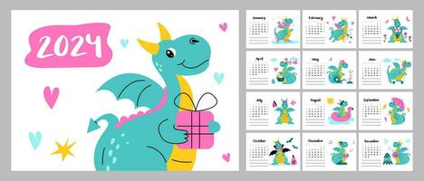 Cute calendar of 2024. Funny dragon smiles. The week starts on Sunday. Layout for printing A4,A5 vector