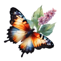 Aquarell Schmetterling auf ein Blume und Blätter im ein Fantasie Stil. KI-generiert. png