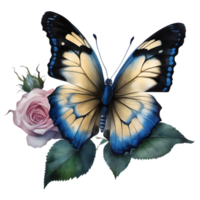 Aquarell Schmetterling auf ein Blume und Blätter im ein Fantasie Stil. KI-generiert. png