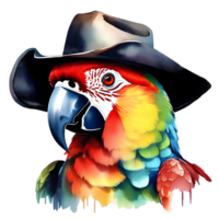 watercolor parrot with a colorful cowboy hat. AI-Generated. png