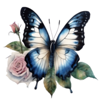 watercolor Butterfly on a flower and leaves in a fantasy style. AI-Generated. png