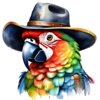 watercolor parrot with a colorful cowboy hat. AI-Generated. png