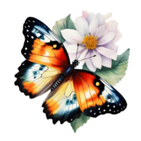 watercolor Butterfly on a flower and leaves in a fantasy style. AI-Generated. png