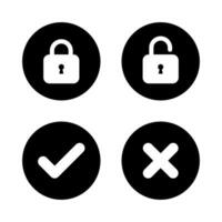 Lock, unlock, check and x cross icon vector in black circle