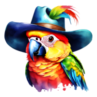 watercolor parrot with a colorful cowboy hat. AI-Generated. png