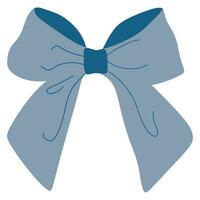 Vector bow Illustration. Isolated long blue ribbon and big bow with two tails. Colorful satin stretching line. Holiday concept. New Year, Christmas banner. Cartoon style. Front view. Flat design.