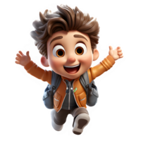 little boy jumping with a happy expression,3d cartoon of a little boy running happily ,generative ai png