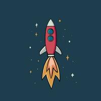 vector illustration of rocket in space, spaceship hand drawn flat design style with stars as background