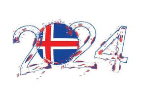 2024 Year in grunge style with flag of Iceland. vector