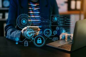 Cyber security data protection Business working on compute Intelligenc digital tablet global network connection data science digital marketing, Investment global in office photo