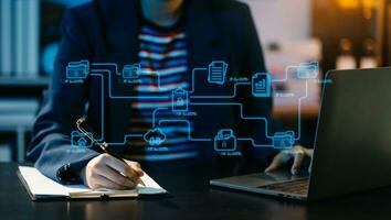 Blockchain financial technology to secure cryptocurrencies for online payment and digital transaction. Fintech concept. Man working on laptop computer, smartphone and tablet. with virtual icon diagram photo