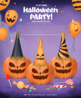 Halloween festa manifesto modello con 3d interpretazione zucche con festa cappelli, palloncini e caramelle psd