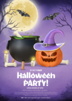 Halloween Party Poster Vorlage mit 3d Rendern Kürbis mit Hexe Hut, Kessel und Fledermäuse psd