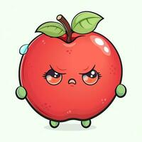 linda enojado rojo manzana personaje. vector mano dibujado dibujos animados kawaii personaje ilustración icono. aislado en ligero verde antecedentes. triste rojo manzana personaje concepto