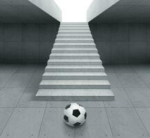 Soccer ball on cement floor with stairs leading. Soccer game concept photo