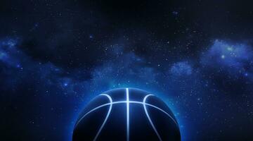 basketball with bright blue glowing neon lines floating in the Planet view from space photo
