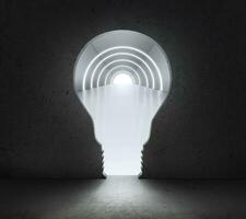 big light bulb shining door in a concrete wall with a view to the corridor illuminated photo
