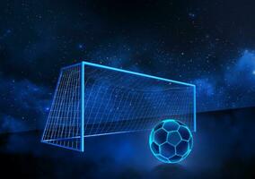 Soccer ball with bright blue glowing neon lines. and Football Goal in the Planet view from space photo