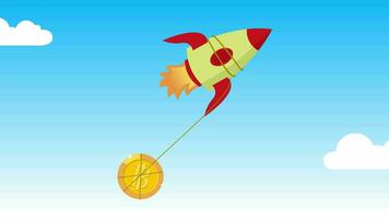 Animation von Rakete fliegend Bitcoin, Bitcoin fallen hoch, Konzept von Bitcoin wachsend oben zeigen im Karikatur Stil video