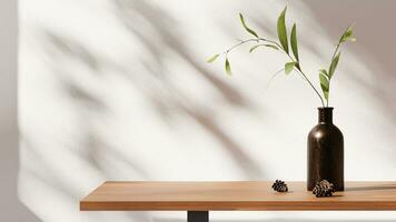 3d de madera mesa con planta florero y piñas. 3d representación de producto presentación. 3d ilustración con Copiar espacio. foto