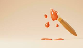 3d rendering of abstract paint brush with orange color isolated on nude color background. 3d icon illustration. photo