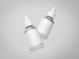 3d glass serum bottle with white label isolated on white background. 3d realistic illustration. 3d mock up. photo