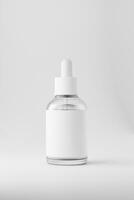 3d glass serum bottle with white label isolated on white background. 3d realistic illustration. 3d mock up. photo