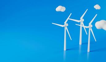 3d rendering of abstract wind turbines with clouds isolated on blue background. 3d illustration. Alternative power concept. photo