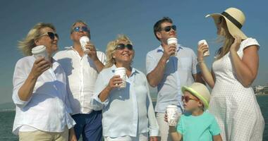Big family drinking sea from paper cups by the sea video