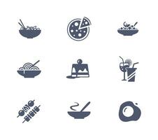 Food icons set. Pizza icon, drinks icon, scrambled eggs icon, noodles icon, cheesecake vector