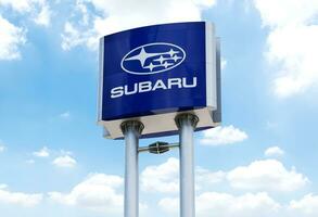Pathumthani Thailand 20 August 2023 Logo Subaru on pole billboard photo