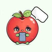 Red apple with a smartphone in hand. Vector hand drawn cartoon kawaii character illustration icon. Isolated on light green background. Red apple character concept