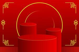 Exclusive abstract 3D minimal mockup scene. Three red podium shape with golden ring for show product display to celebrate Chinese new year. 3D vector with a Chinese pattern.