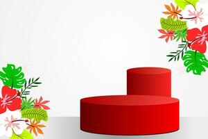 Exclusive 3D minimal mockup scene. Two red podiums shape with a tropical leaves and flowers on the soft grey background for show product display. 3D vector illustration.