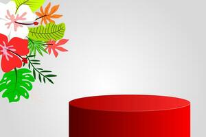 Exclusive 3D minimal mockup scene. A single red podiums shape with a tropical leaves and flowers on the soft grey background for show product display. 3D vector illustration