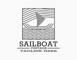 Sailboat vintage logo. The rustic retro design of boat. Sailboat marine with the wavy ocean. Line art illustration vector icon premium quality for coffee, beach, company, travel, museum, marine.