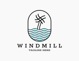 Retro and vintage design of a windmill. Minimal logo with windmill and waves sea or ocean. Lines art that forms a windmill, flower, or coconut tree. Suitable for travel, resort, hotel, park, beach. vector